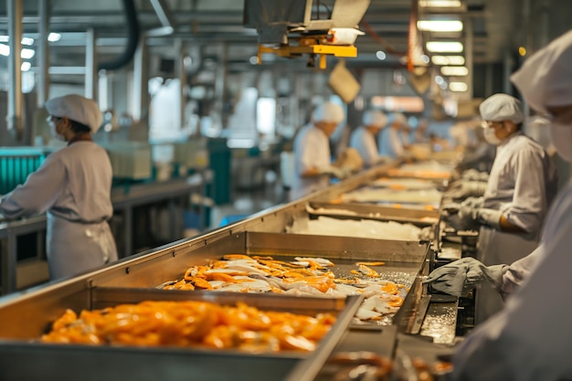 Foto detrás de las escenas en una línea de producción de una planta de procesamiento de pescado