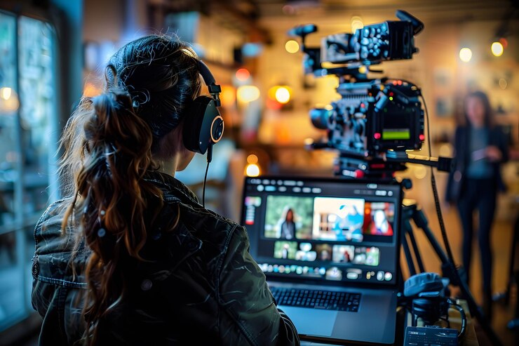 Detrás de las escenas de una producción de video Una configuración cinematográfica en acción