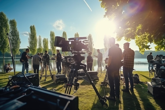 Foto detrás de las escenas de rodaje de películas o producción de video y equipo de equipo de filmación con equipo de cámara