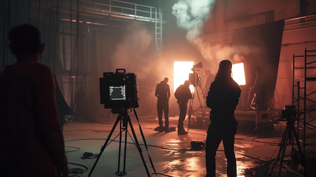 Foto detrás de las escenas de un set de cine un camarógrafo está filmando una escena con una cámara grande mientras otros dos miembros del equipo están ajustando la iluminación