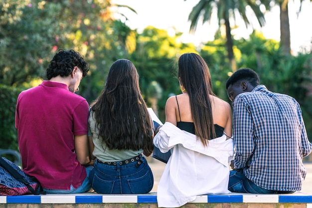 Detrás de un grupo multracial de estudiantes sentados en un banco estudiando al aire libre