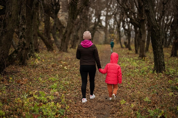 Detrás de la madre sosteniendo la mano hija caminando en el bosque de otoño