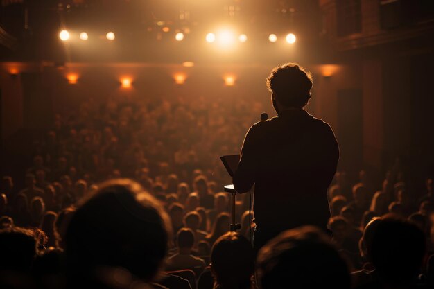 Foto detrás del micrófono de la persona o hablando en el auditorio para la conferencia de negocios de seminario o presentación con