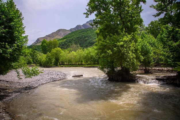 Detrás del río se encuentran las estribaciones del Pamir.