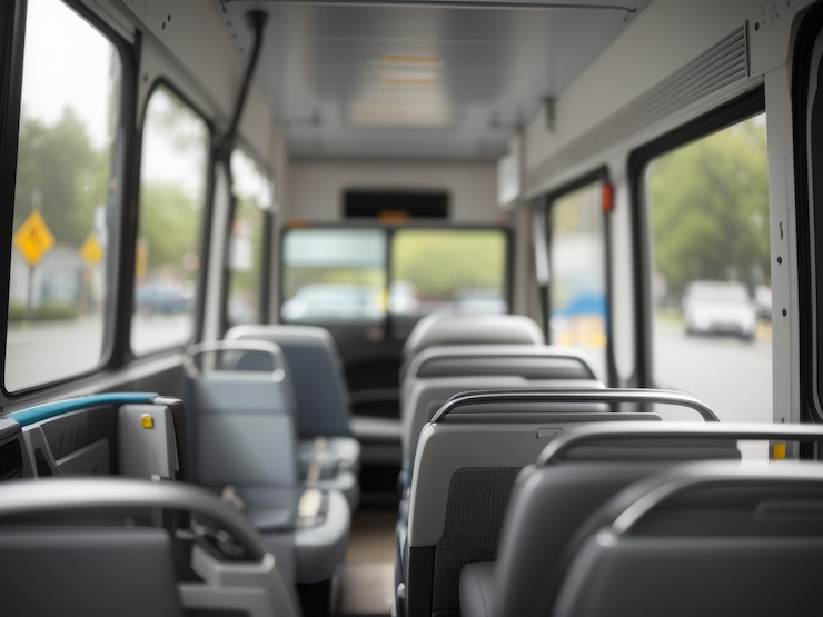 Foto detrás de la rueda el asiento vacío del conductor de un autobús gris foto