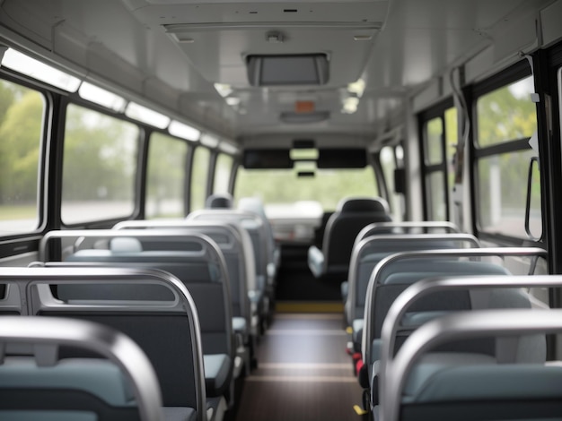 Detrás de la rueda el asiento vacío del conductor de un autobús gris Foto