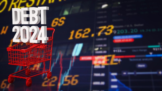 La deuda 2024 en el carro del supermercado para la representación 3d del concepto de negocio