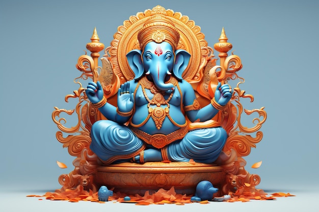 Deus Hindu Ganesha com pintura a óleo de flores levada ao céu sentado em frente ao fundo da mandala bokeh