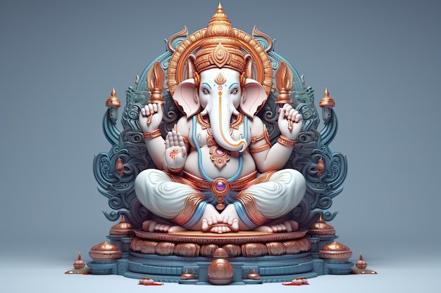 Deus Hindu Ganesha com pintura a óleo de flores levada ao céu sentado em frente ao fundo da mandala bokeh