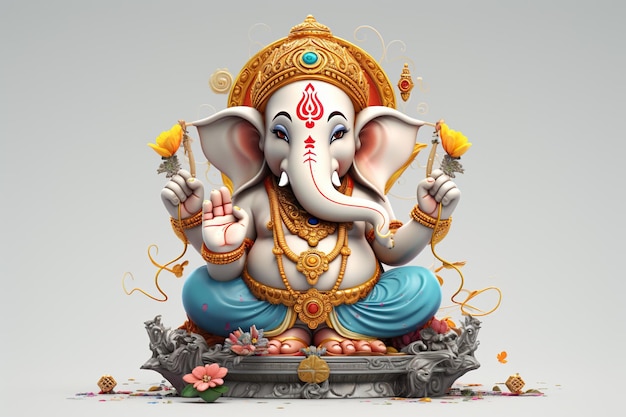 Deus Hindu Ganesha com pintura a óleo de flores levada ao céu sentado em frente ao fundo da mandala bokeh