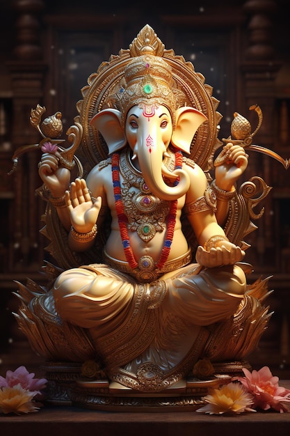 Deus Hindu Ganesha com pintura a óleo de flores levada ao céu sentado em frente ao fundo da mandala bokeh