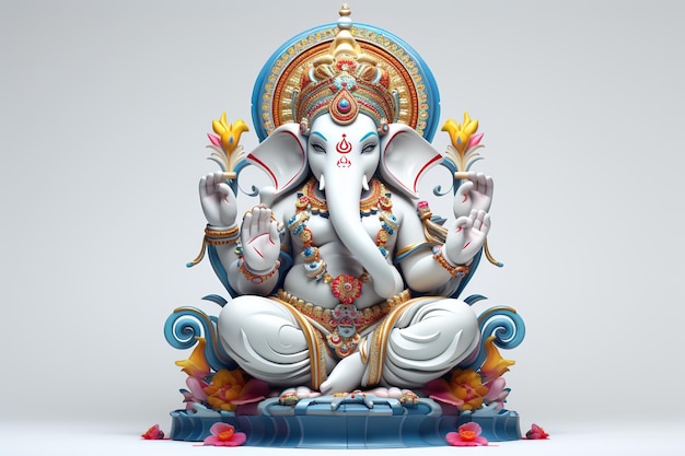 Deus Hindu Ganesha com pintura a óleo de flores levada ao céu sentado em frente ao fundo da mandala bokeh