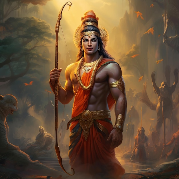 Deus hindu Sri Rama com arco e flechas Shree Ram Navami ou celebração de Dussehra Generative Ai