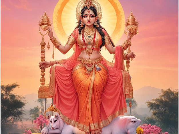 Deus indiano Laxmi Mata contra o amanhecer
