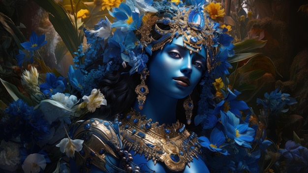 Deus Krishna Homem de pele azul no jardim