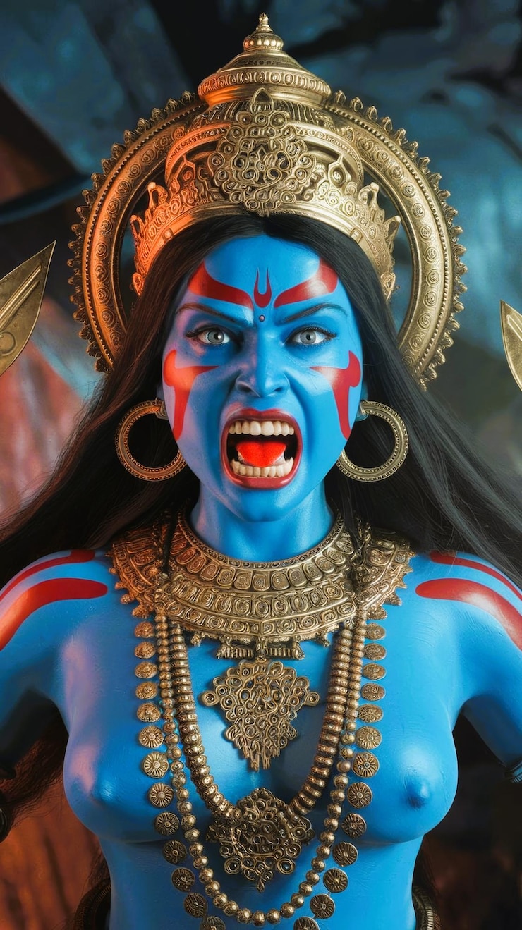 Foto deusa hindu kali deusa indiana durga pele azul jóias de ouro expressão feroz arte religiosa divindade