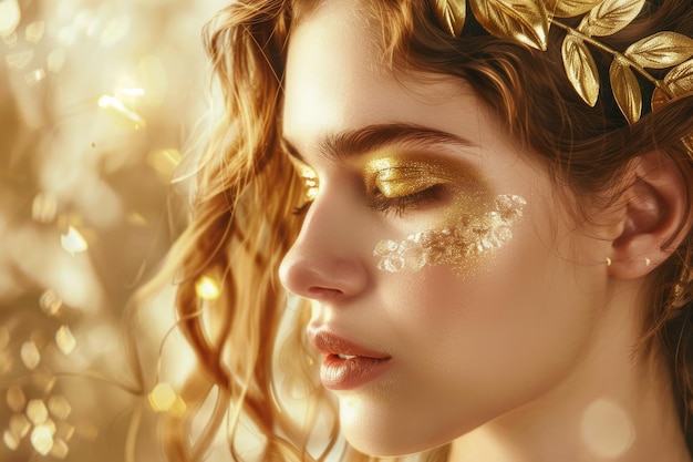Foto deusa inspirada em afrodite com maquiagem dourada e coroa de louro