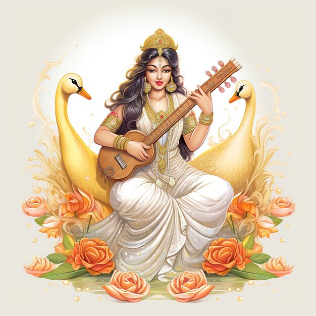 Foto deusa saraswati feliz vasant panchami puja sentada no instrumento musical de lótus ai generated