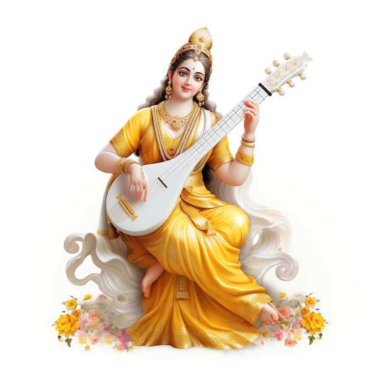 Foto deusa saraswati feliz vasant panchami puja sentado em instrumento musical de lótus ai gerado