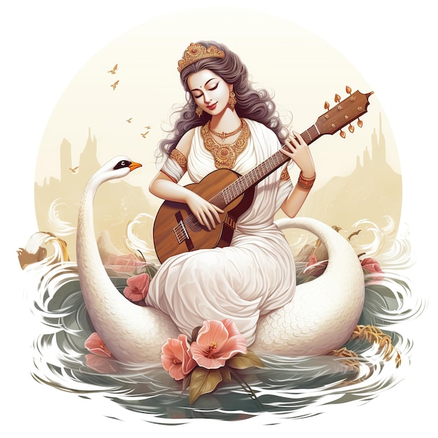 Deusa Saraswati Feliz Vasant Panchami Puja sentado em instrumento musical de lótus Ai Gerado