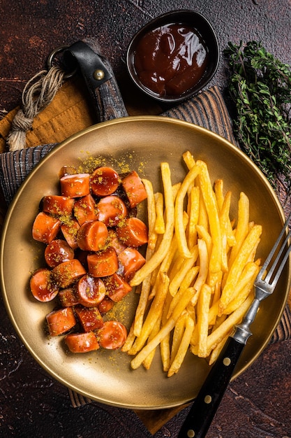 Deutsche Currywurst Currywurst serviert mit Pommes Frites Dunkler Hintergrund Ansicht von oben