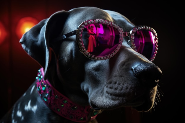 Deutsche Dogge trägt für eine fröhliche Neujahrsgala eine Neonbrille mit Narrenkragen