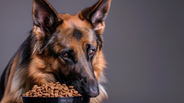 Deutscher Hirte über einer Schüssel Hundefutter auf einem grauen Hintergrund