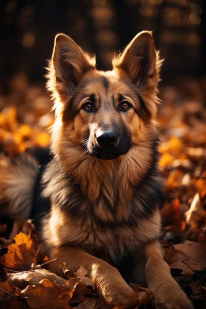 Deutscher Schäferhund auf einem Spaziergang in einem herbstlichen Wald