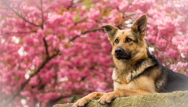 Deutscher Schäferhund liegt auf einem Stein im Park.