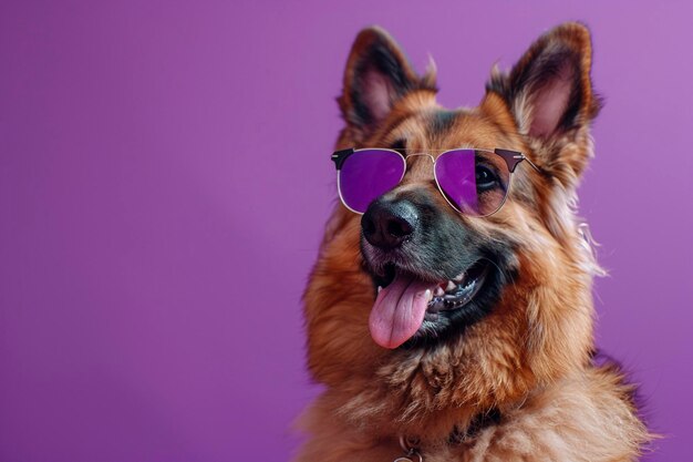 Deutscher Schäferhund mit Kleidung und Sonnenbrille auf lila Hintergrund