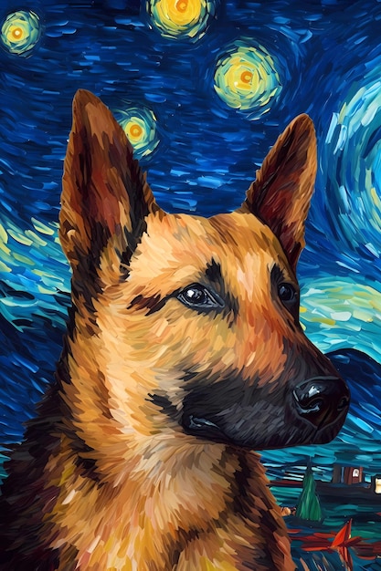 Deutscher Schäferhund Porträt mit Van Gogh Sternennacht