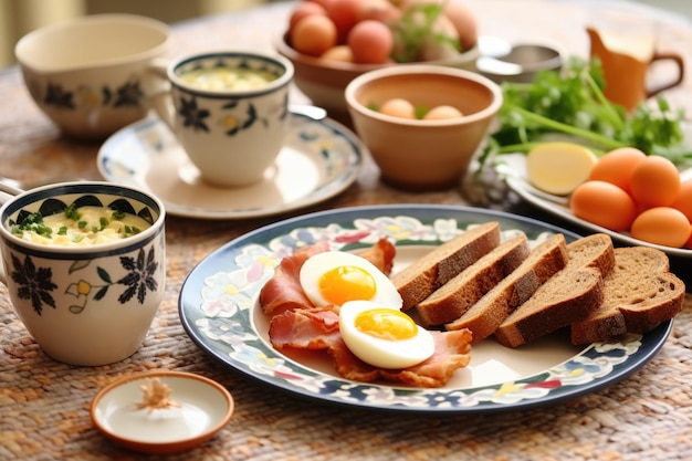 Foto deutsches frühstück mit aufschnitt, hartgekochten eiern und vollkornbrot