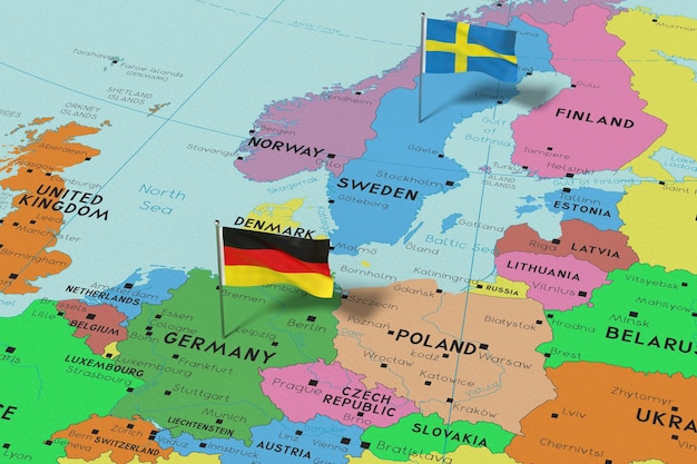Deutschland und Schweden stecken Flaggen auf eine politische Karte, 3D-Illustration