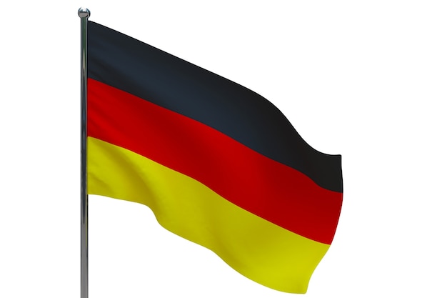 Deutschlandflagge auf Pole. Fahnenmast aus Metall. Nationalflagge von Deutschland 3D-Illustration auf Weiß