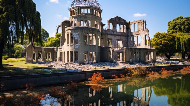 Foto la devastación de la bomba preservada las ruinas de la cúpula genbaku del parque conmemorativo de la paz de hiroshima una venerada onu