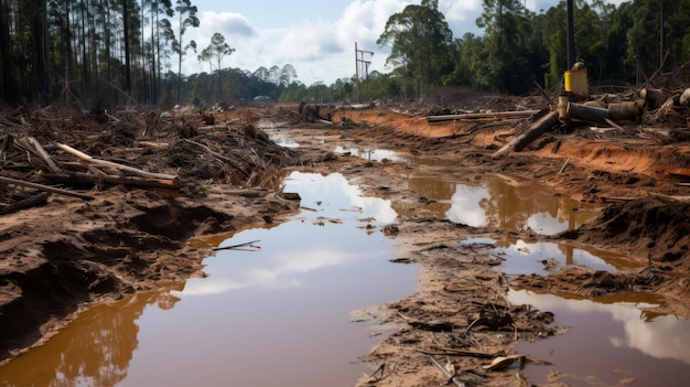 La devastación de la minería de oro Un río contaminado que reside en medio de la deforestación en la selva tropical