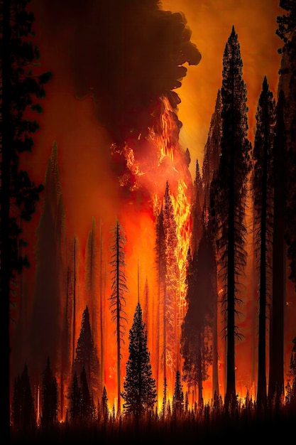 Devastador incêndio florestal com altas chamas e fumaça espessa