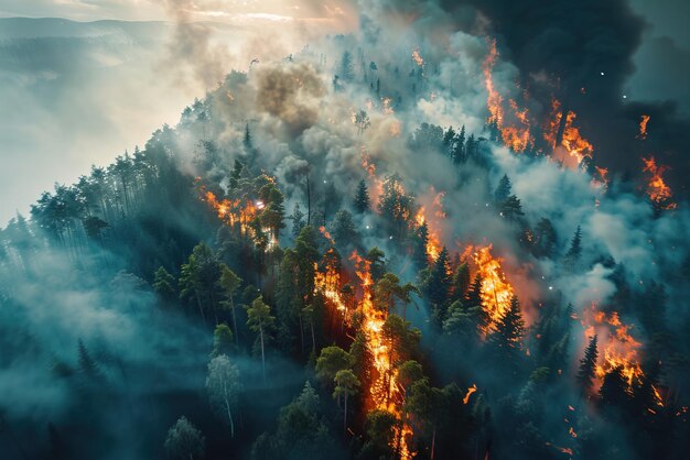 Foto el devastador incendio forestal envolvió a los árboles en llamas con un denso humo que capturó la furia de la naturaleza.