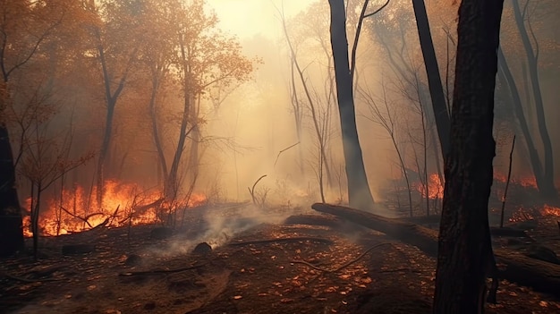 Devastador incendio forestal que consume árboles