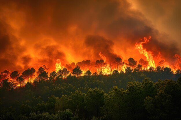 Devastador incendio forestal que envuelve a los árboles con intensas llamas y humo