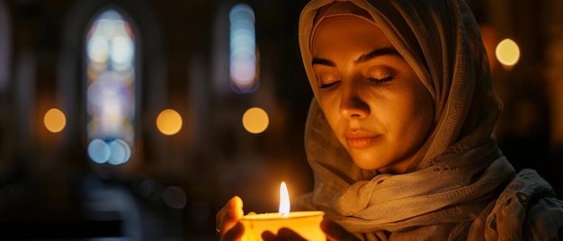 Foto devotada acendendo uma vela na igreja orando e expressando sua devoção ao senhor paroquiana de olhos fechados orando esperando e desejando