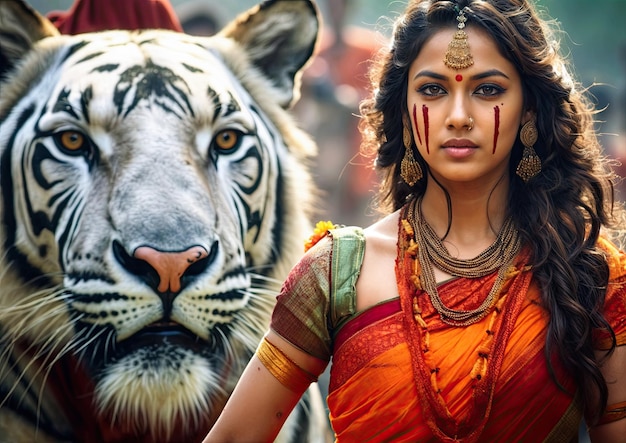 Foto un devoto hindú con un tigre en el dashashwamedh ghat en varanasi, india