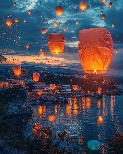 Foto los devotos liberan linternas en el fondo del cielo nocturno