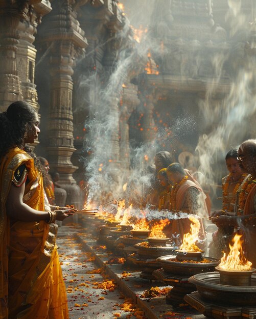 Foto devotos realizam aarti com papel de parede de cânfora em chamas