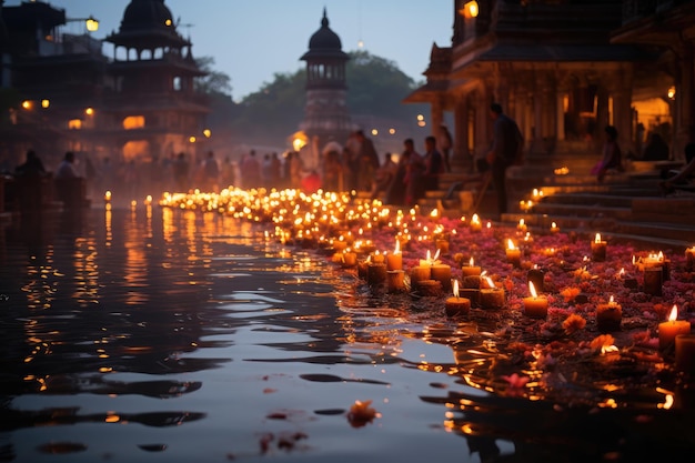 Los devotos en los rituales en las orillas del Ganges ofrecen y rezan a la luz de las velas.