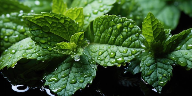 Foto dewy delight closeup de ervas e folhas com gotas de água
