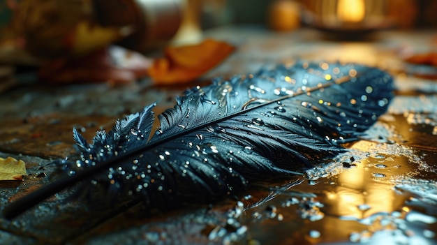 Dewy Feather auf dem Waldboden mit goldenem Licht Bokeh