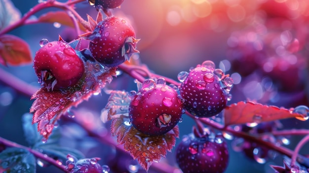 Dewy Rose Caderas en una luz matutina mágica Caderas de rosa adornadas con gotas de rocío matutino frescas capturadas en