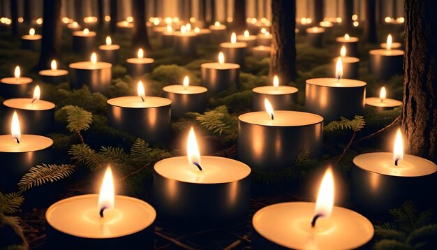 Foto dezenas de velas numa floresta iluminada pela lua