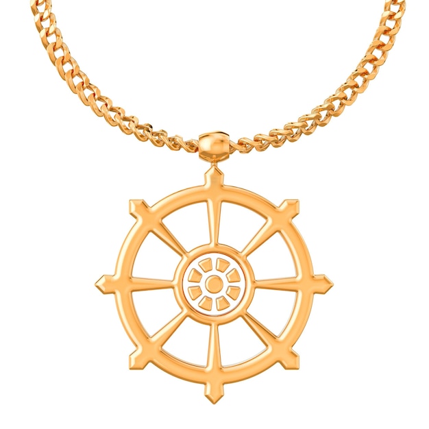 Dharmachakra-Symbol auf goldener Kette 3D-Rendering